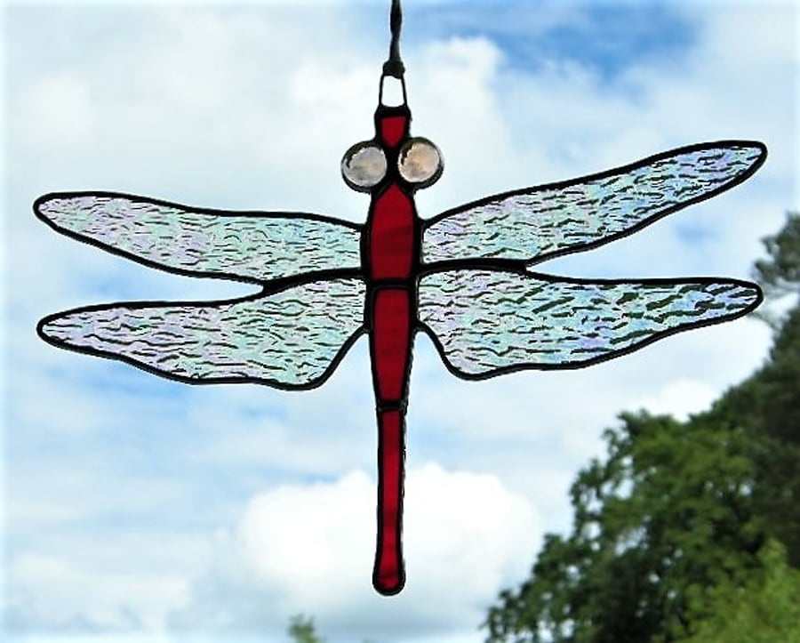 Stained glass Dragonfly iridescent wings, rich red body and light peach eyes