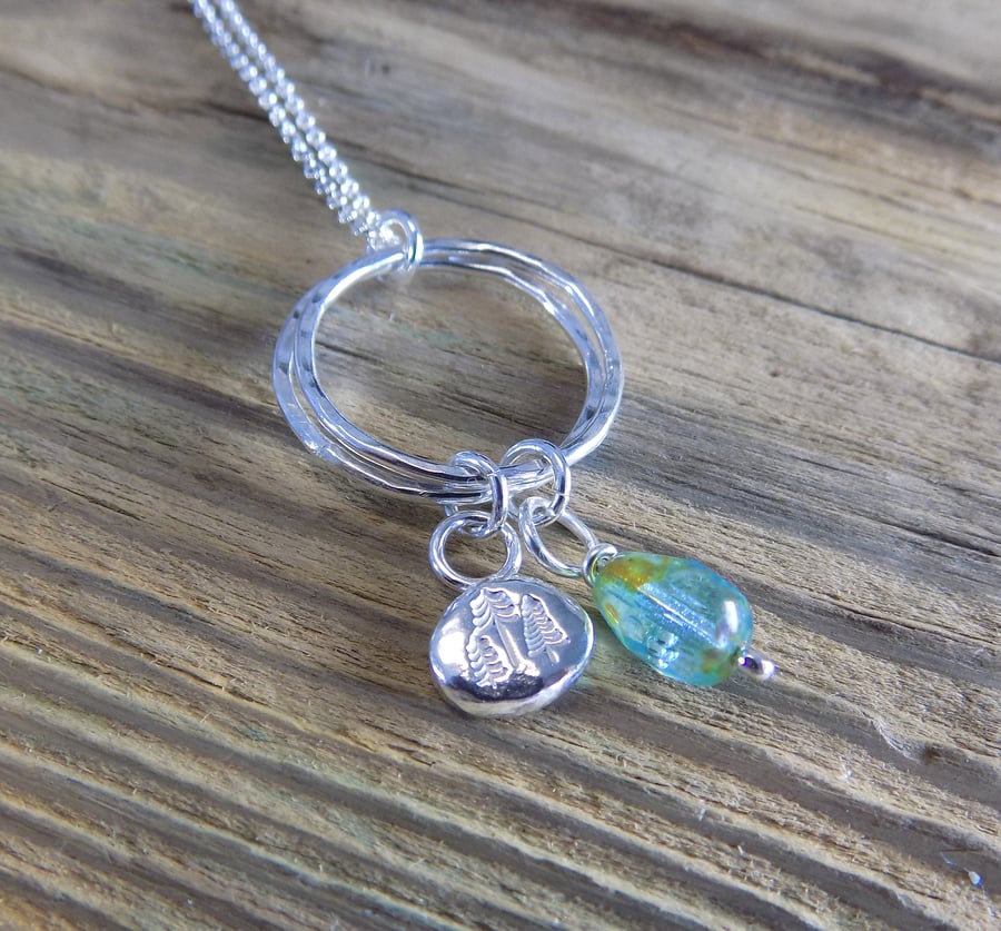 Sterling silver, mini alpine forest nugget with hoops pendant 
