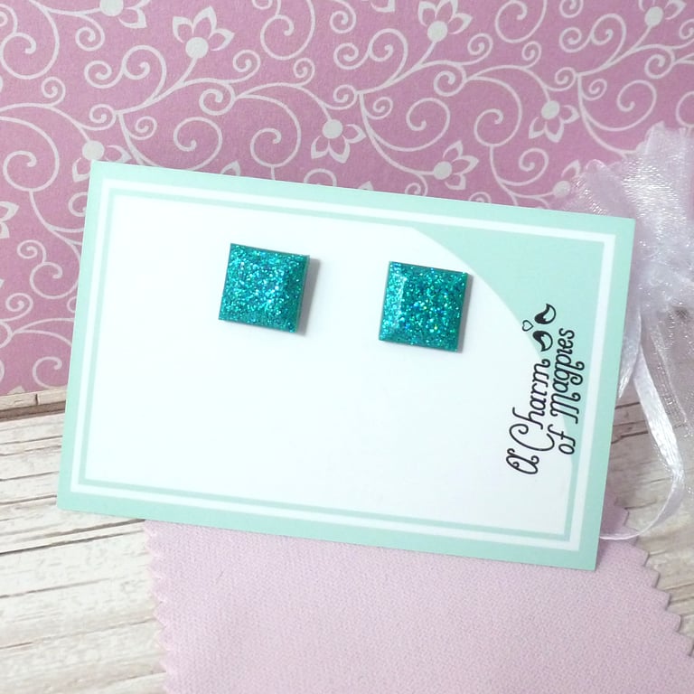 Turquoise glitter square studs. Bright turquoise sparkly earrings for women