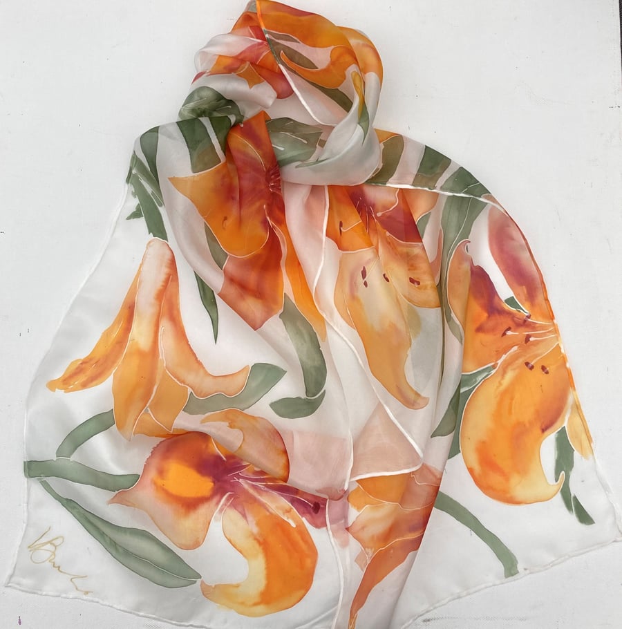 Orange Lilies hand painted silk scarf