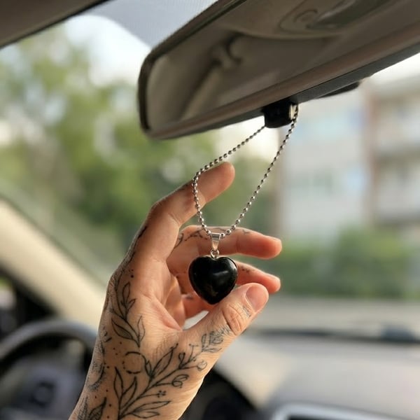 Minimalist Black Stone Heart Rearview Mirror Charm - Ritual-Craft Talisman