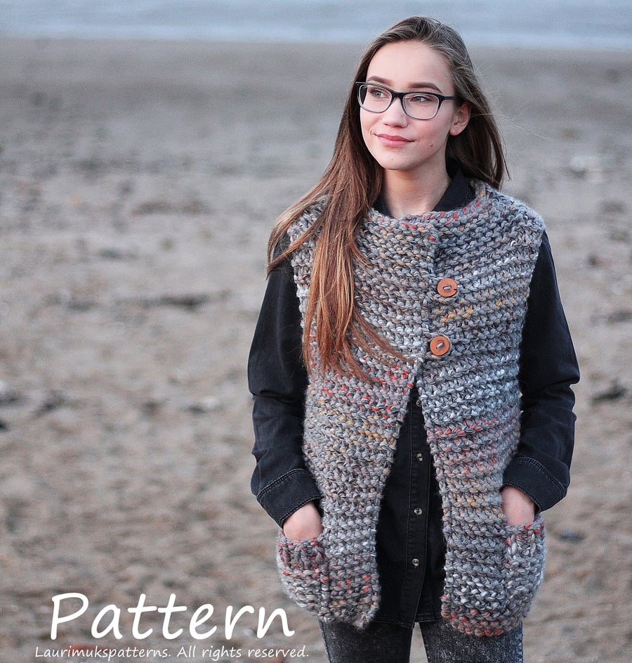 Knitting pattern, flint jacket, womens cardigan sleeveless, super bulky knitting