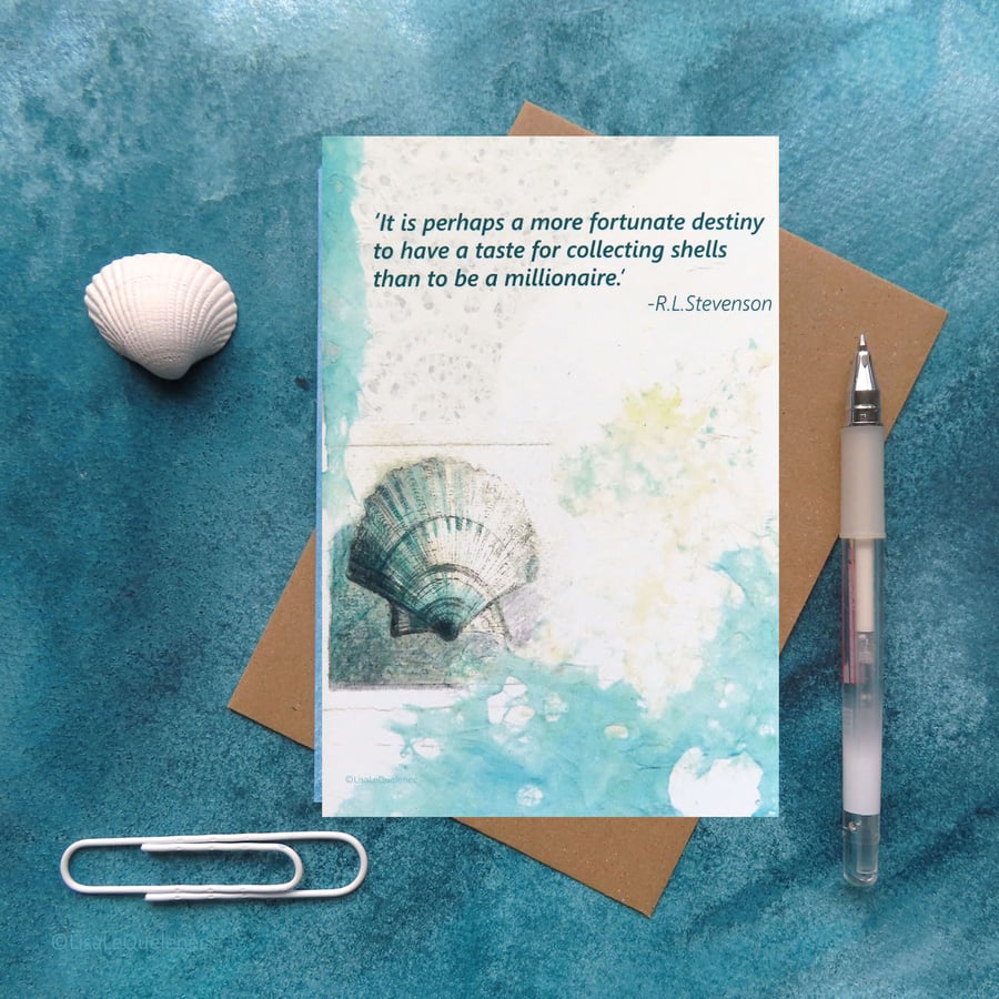 Art card with Robert Louis Stevenson quote shell collecting cellophane free