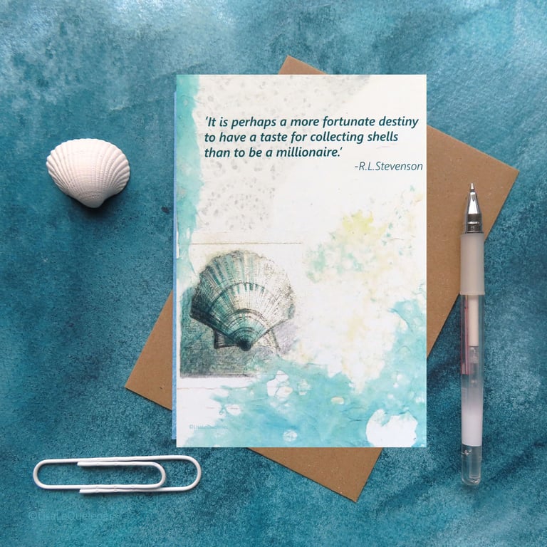 Art card with Robert Louis Stevenson quote shell collecting cellophane free