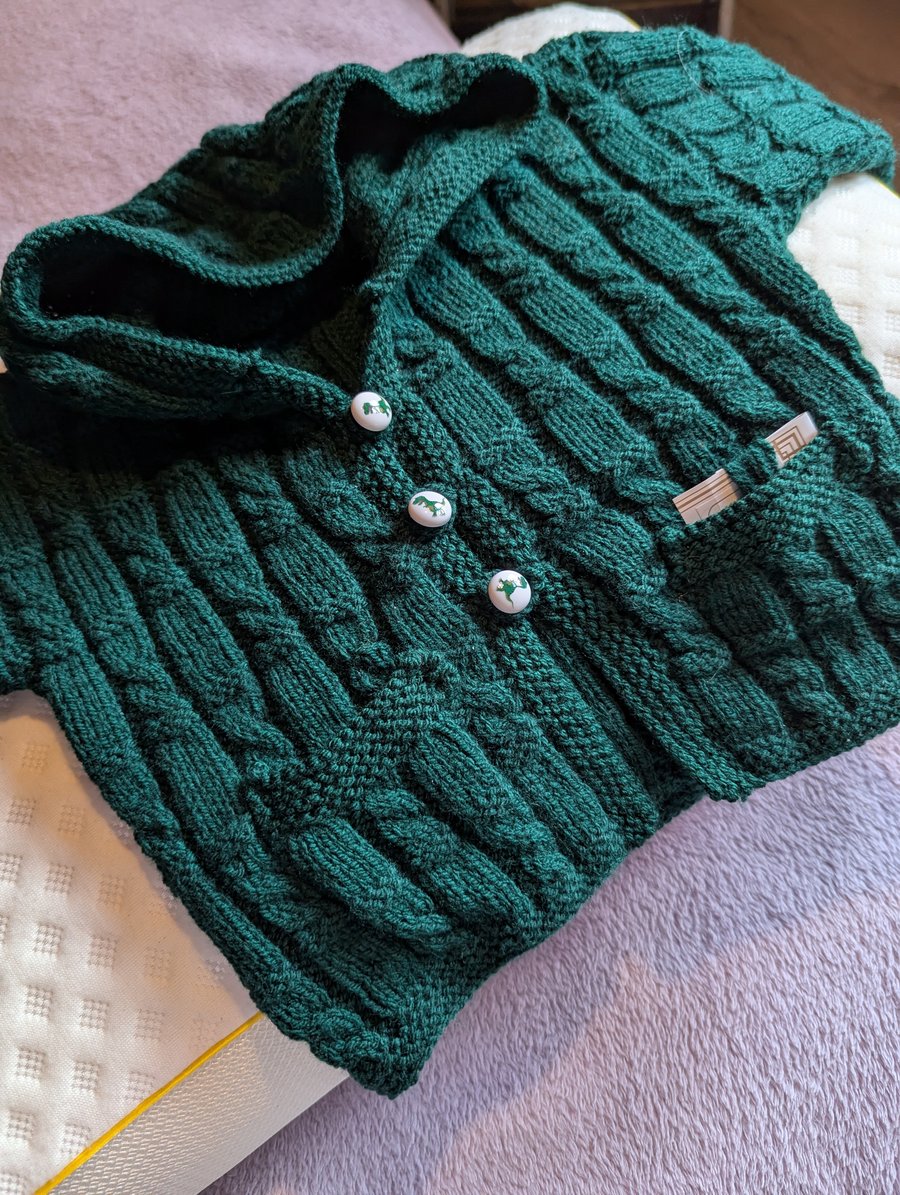 Green teal cardigan with hood and turn back sleeves
