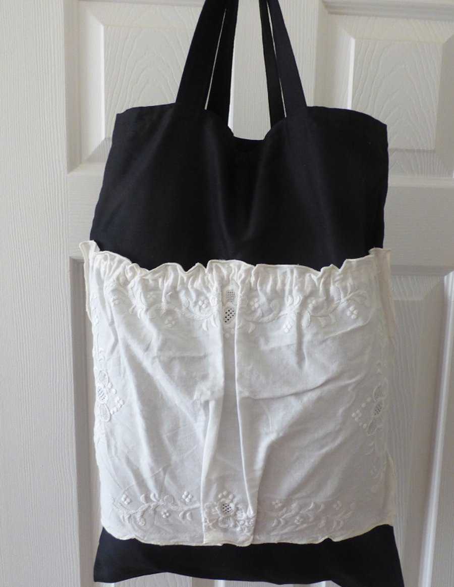 Upcycled black and white embroidered tote bag