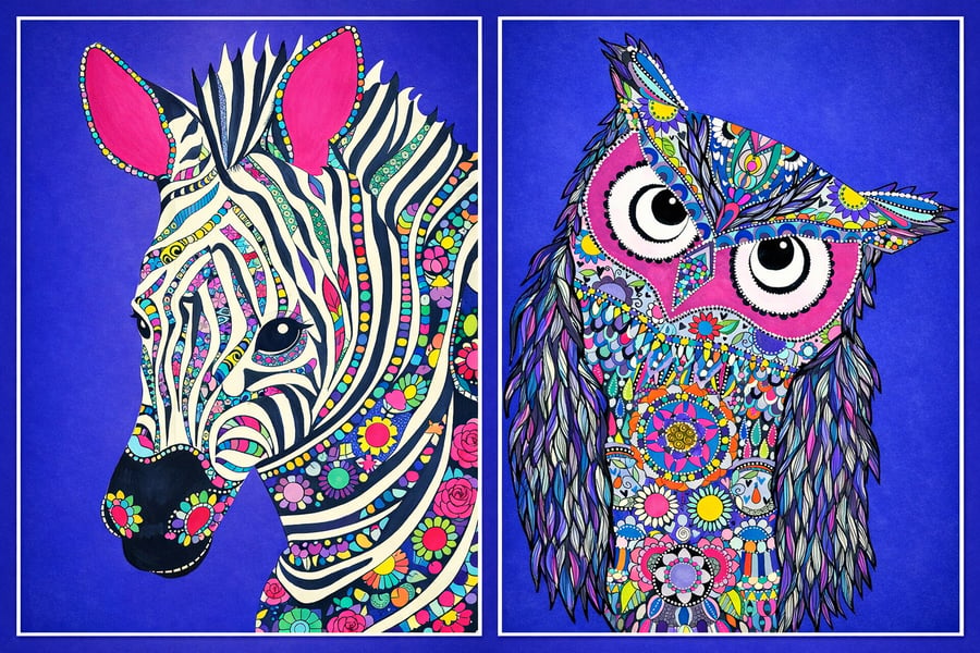 Owl and Zebra Set of 2 Fine Art Prints