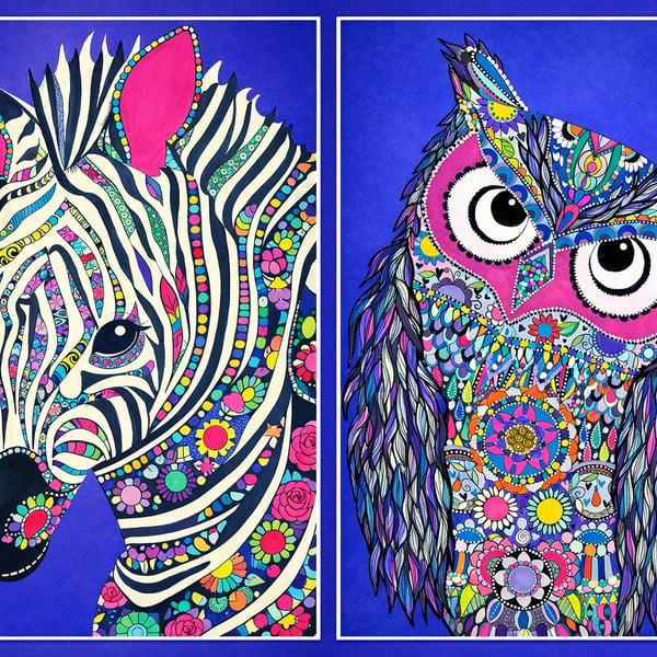 Owl and Zebra Set of 2 Fine Art Prints