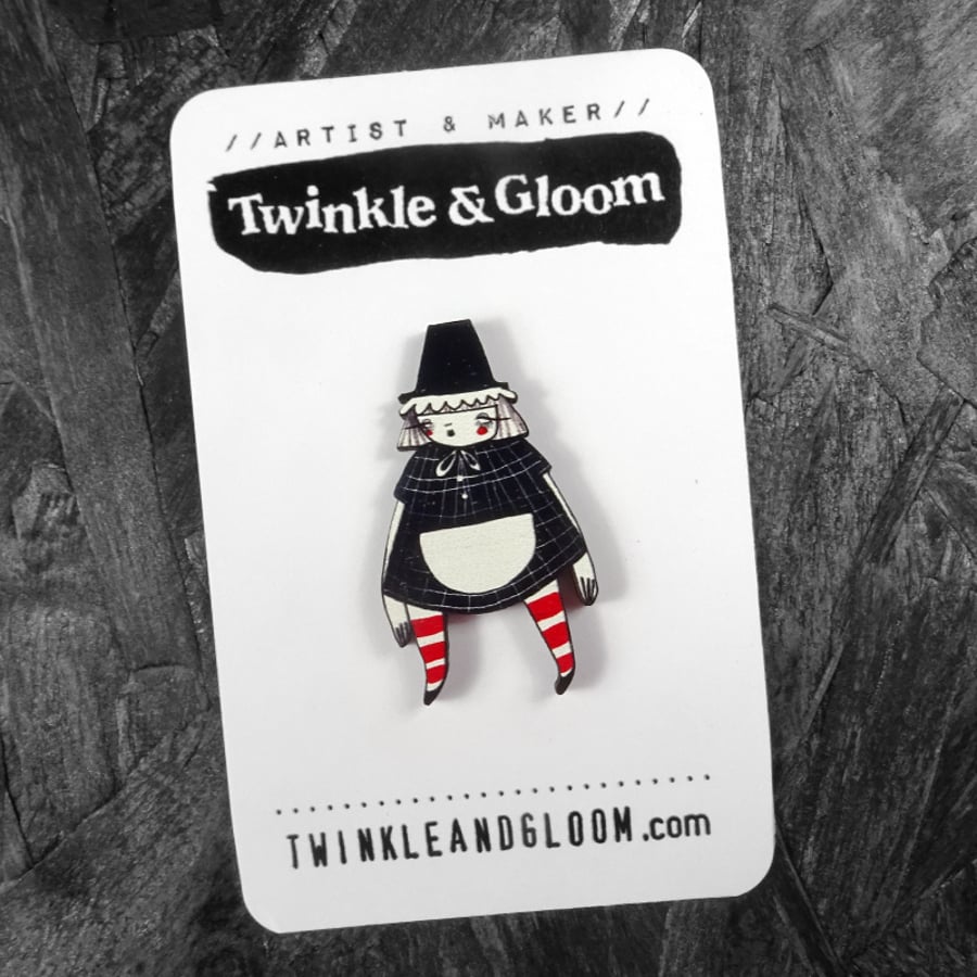 Welsh Lady Illustrated Wood Pin- with rubber back.