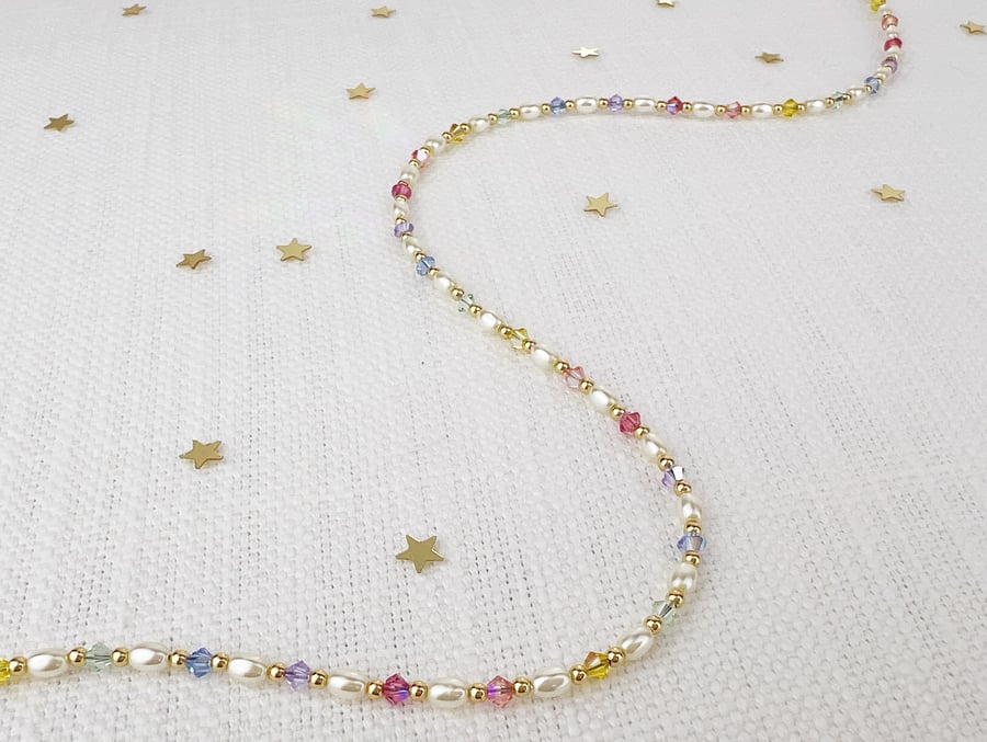 Pastel Rainbow Crystal and Pearl Necklace