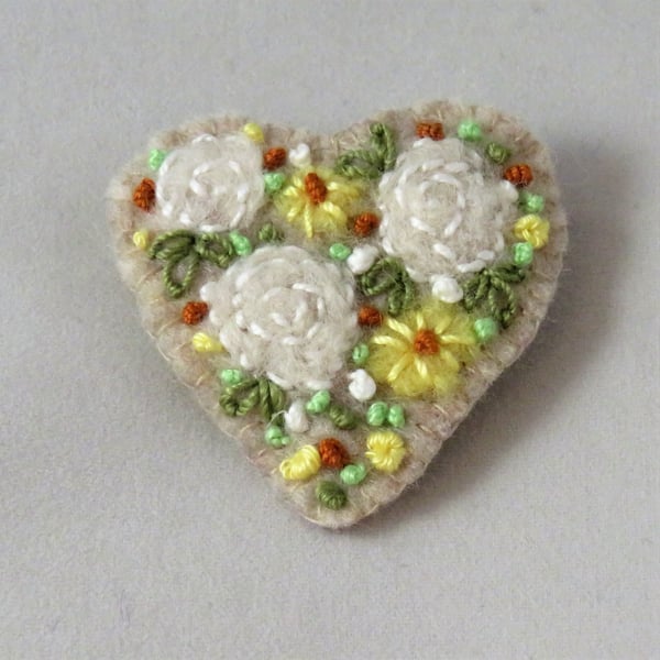 Brooch Roses and yellow dahlias felted and embroidered on felt heart