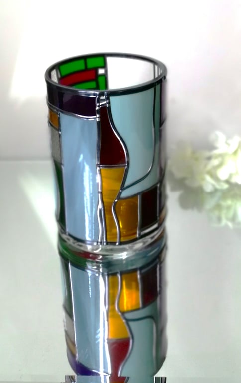 Bold a stained glass effect flower vase with a hand leaded Art Deco design