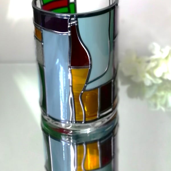 Bold a stained glass effect flower vase with a hand leaded Art Deco design