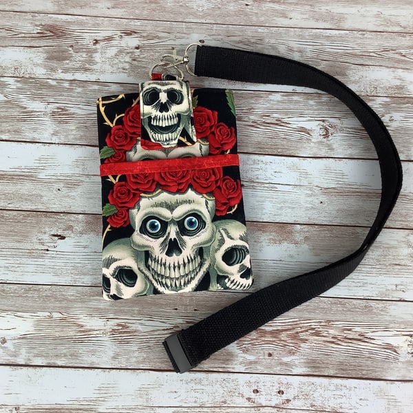 Skulls & Roses Lanyard Pouch, Phone, Glasses, Detachable lanyard, Handmade