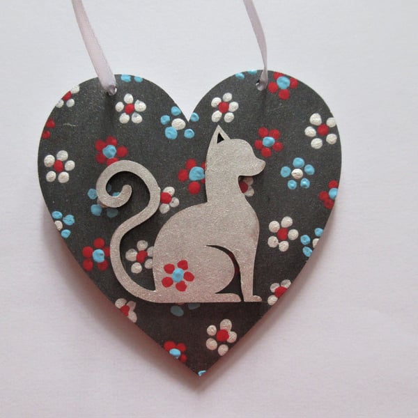 Cat Hanging Heart Decoration Hand Painted Ditsy Flowers