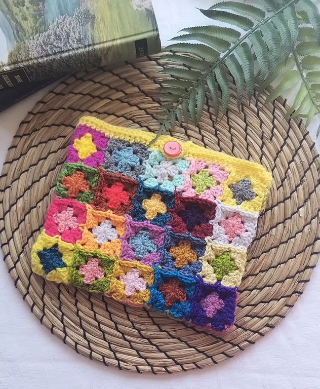 Crochet 'Happy Scrappy' Book Kindle Sleeve Pouch Sunshine Yellow