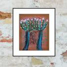 Abstract Trees Painting Original Artwork Pink Flowers Whimsical Botanical Art