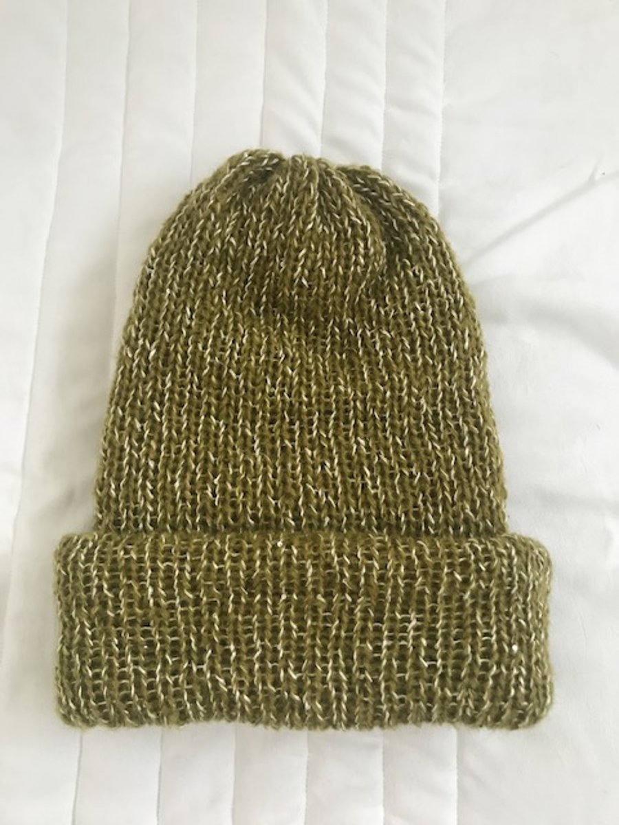 Beanie Hat Knitted in Satsuma and Mustard Green