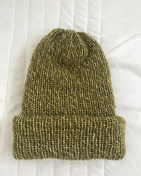Beanie Hat Knitted in Satsuma and Mustard Green