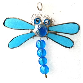 Dragonfly Suncatcher Stained Glass Turquoise Bead-Tailed 047