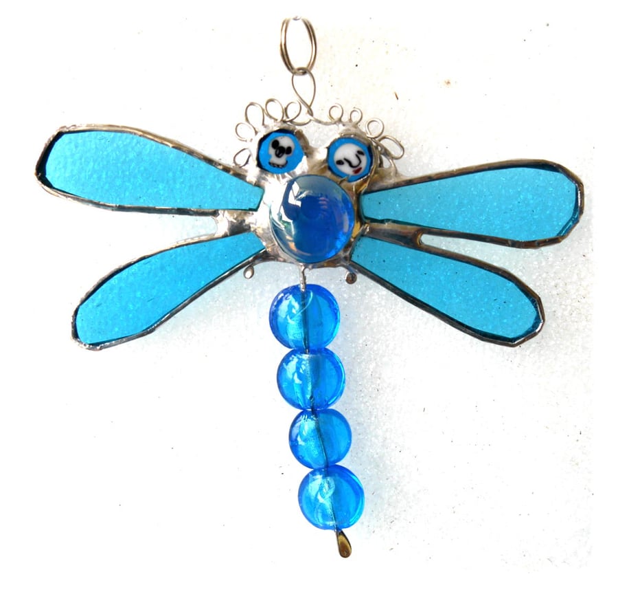 Dragonfly Suncatcher Stained Glass Turquoise Bead-Tailed 047