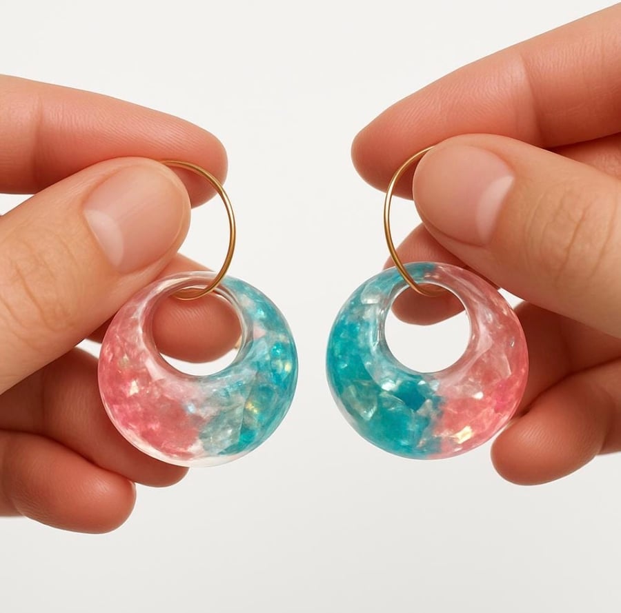 Pastel Pink & Blue Glitter Resin Donut Dangle Earrings with Gold Hoops