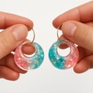 Pastel Pink & Blue Glitter Resin Donut Dangle Earrings with Gold Hoops