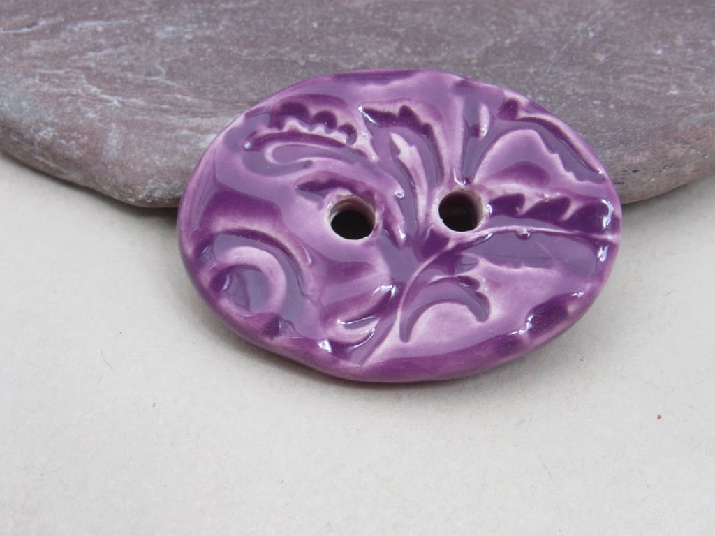 Large Lilac Purple Brocade Oval Handmade Ceramic Button