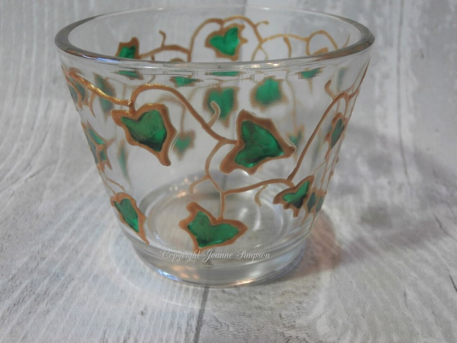 Hand painted glass tealight holder 'Ivy Trail'