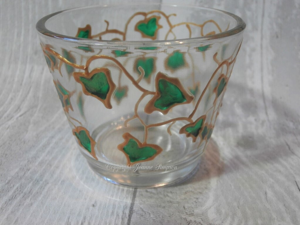 Hand painted glass tealight holder 'Ivy Trail'