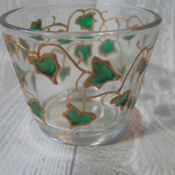 Hand painted glass tealight holder 'Ivy Trail'