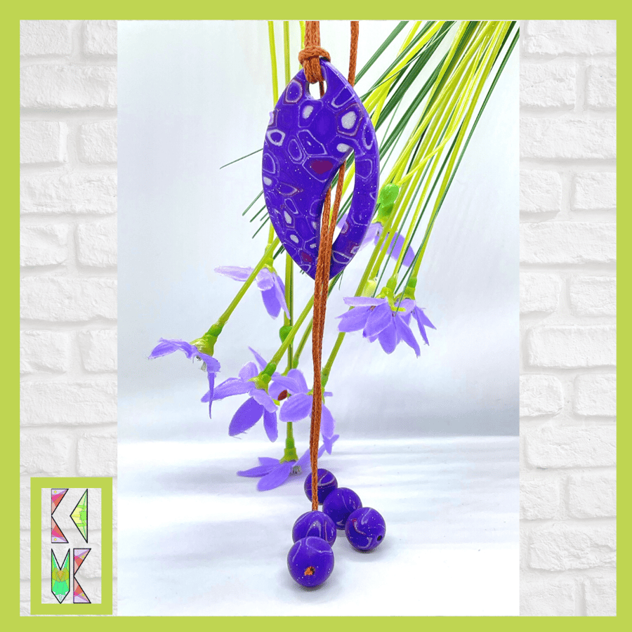 Purple & Silver Millefiori Polymer Clay Reversible Lariat Necklace