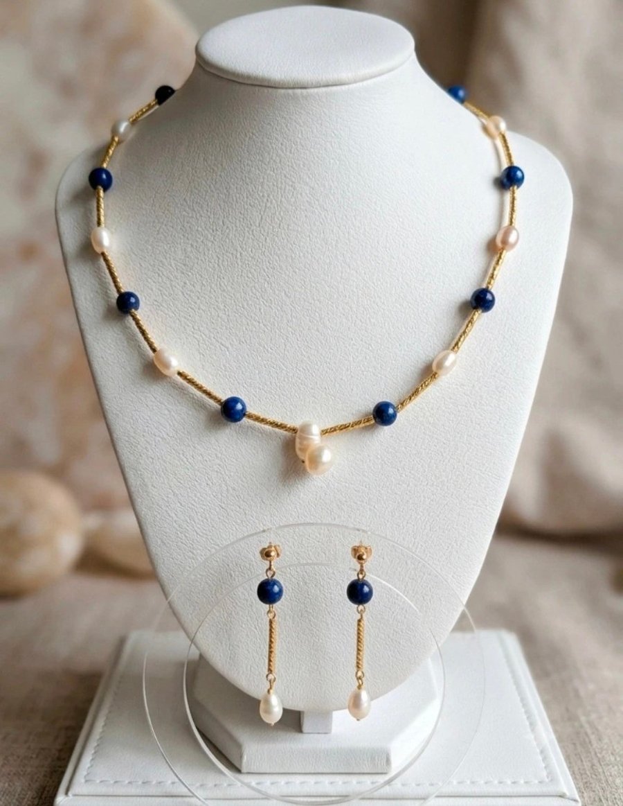 Handcrafted Lapis Lazuli & Freshwater Pearl Jewelry Set with Gold Accents