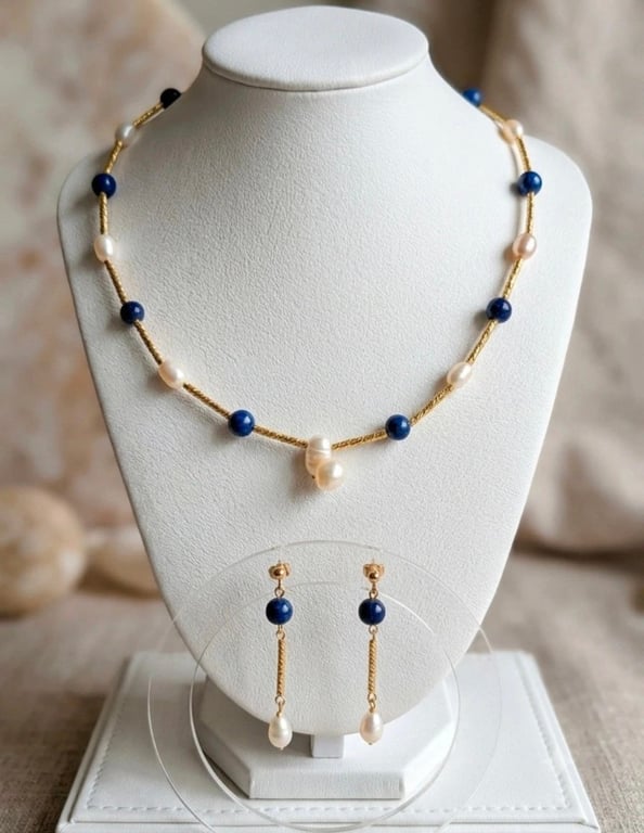Handcrafted Lapis Lazuli & Freshwater Pearl Jewelry Set with Gold Accents