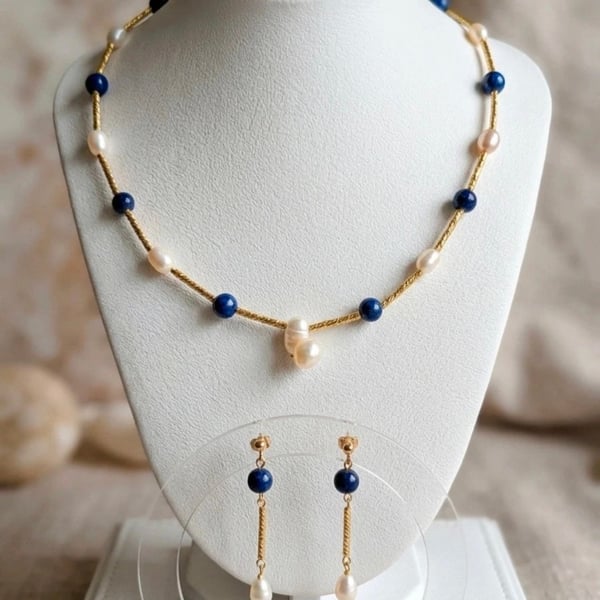 Handcrafted Lapis Lazuli & Freshwater Pearl Jewelry Set with Gold Accents