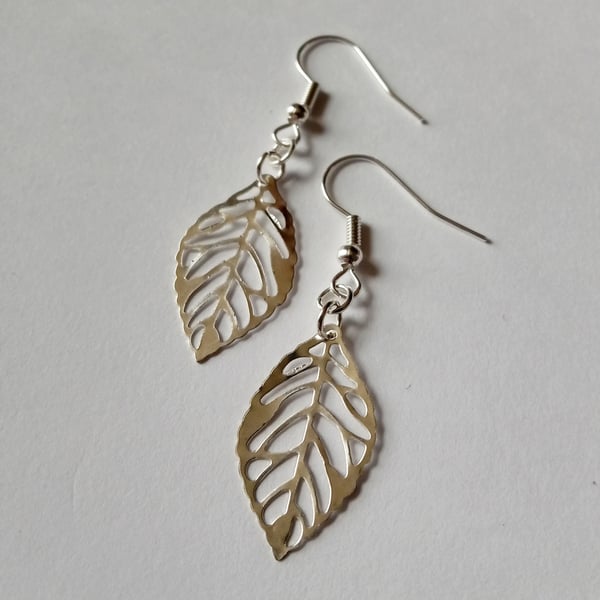 Silver Plate Leaf Skeleton Drop Dangle Earrings