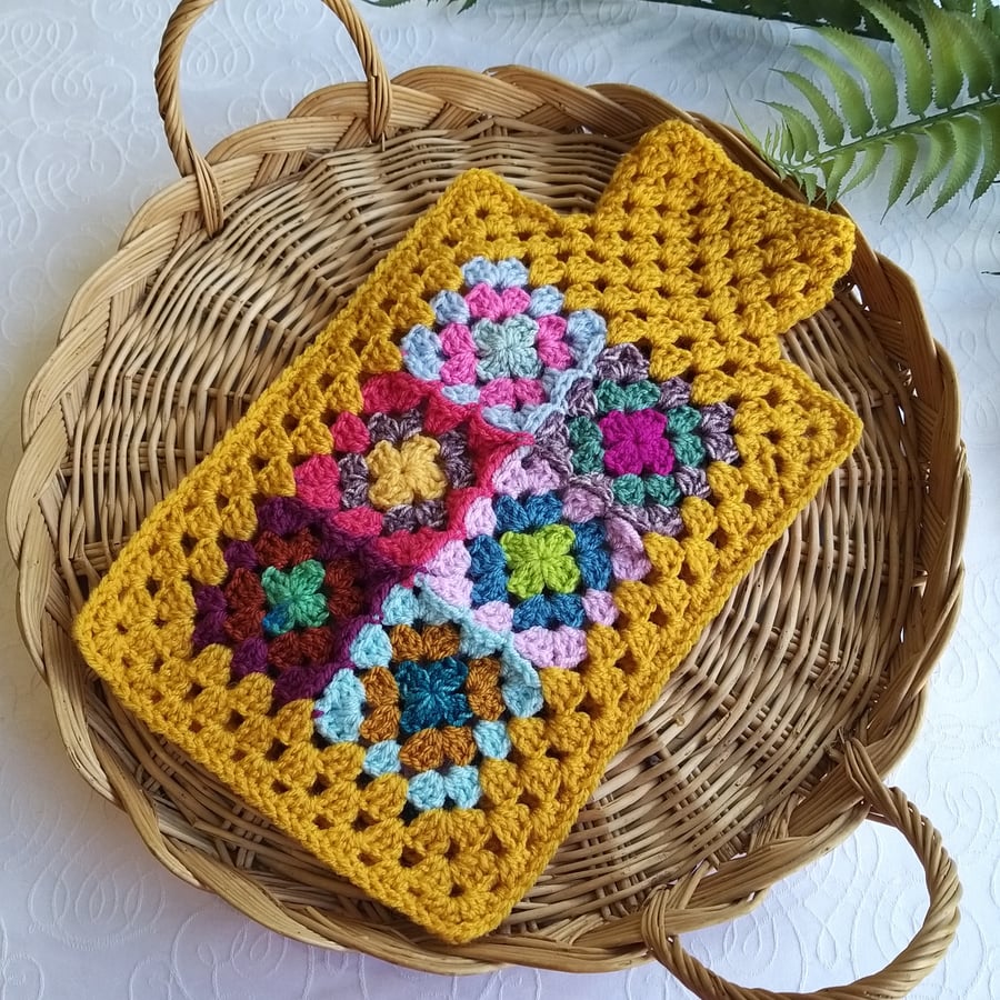  Crochet Hot Water Bottle Cover Granny Square 'Happy Scrappy' Gold