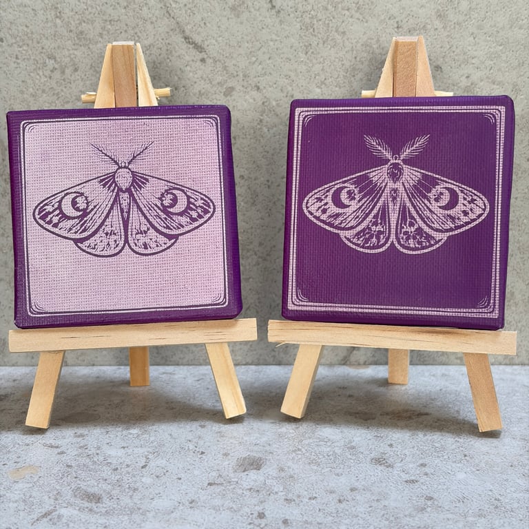 Purple Folk Moth Mini Canvas – Spray Painted & Engraved - 7.5cm Square