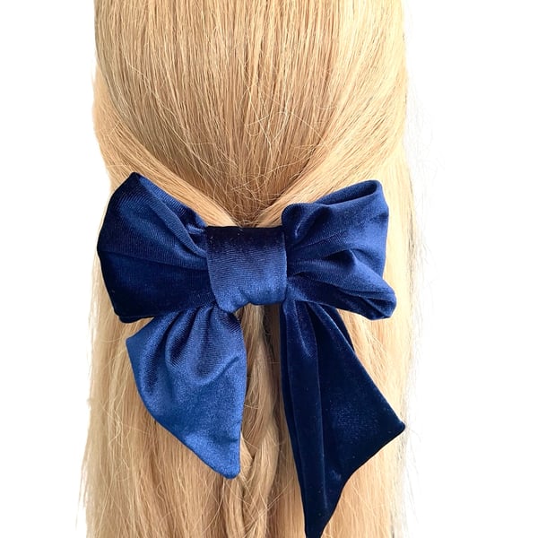 Luxury navy blue velvet hair bow barrette clip for women