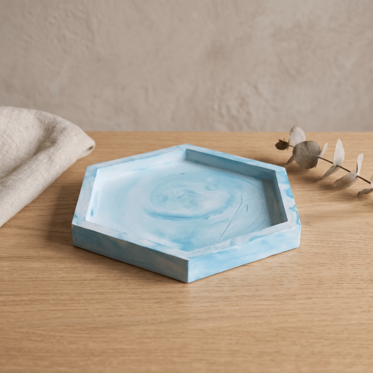 Blue and White Marbled Hexagonal Jewellery Tray Handmade Trinket & Catchall Dish