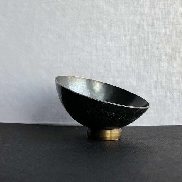 Oxidised Britannia silver bowl with brass foot- silver bowl.