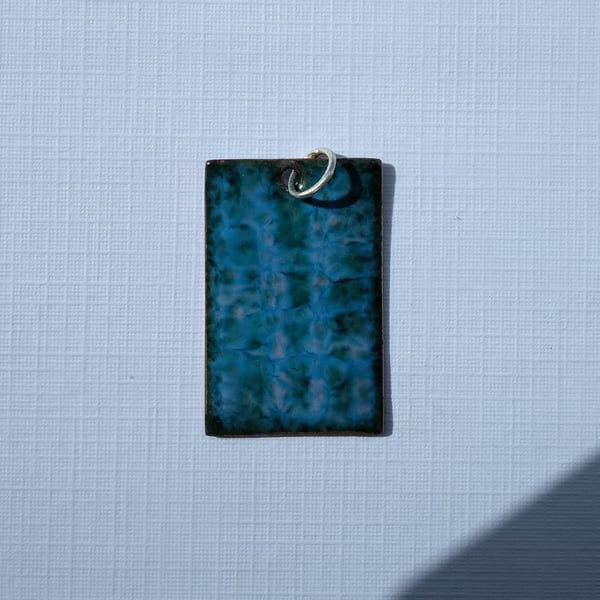 Pink and teal rectangular enamelled copper pendant 096