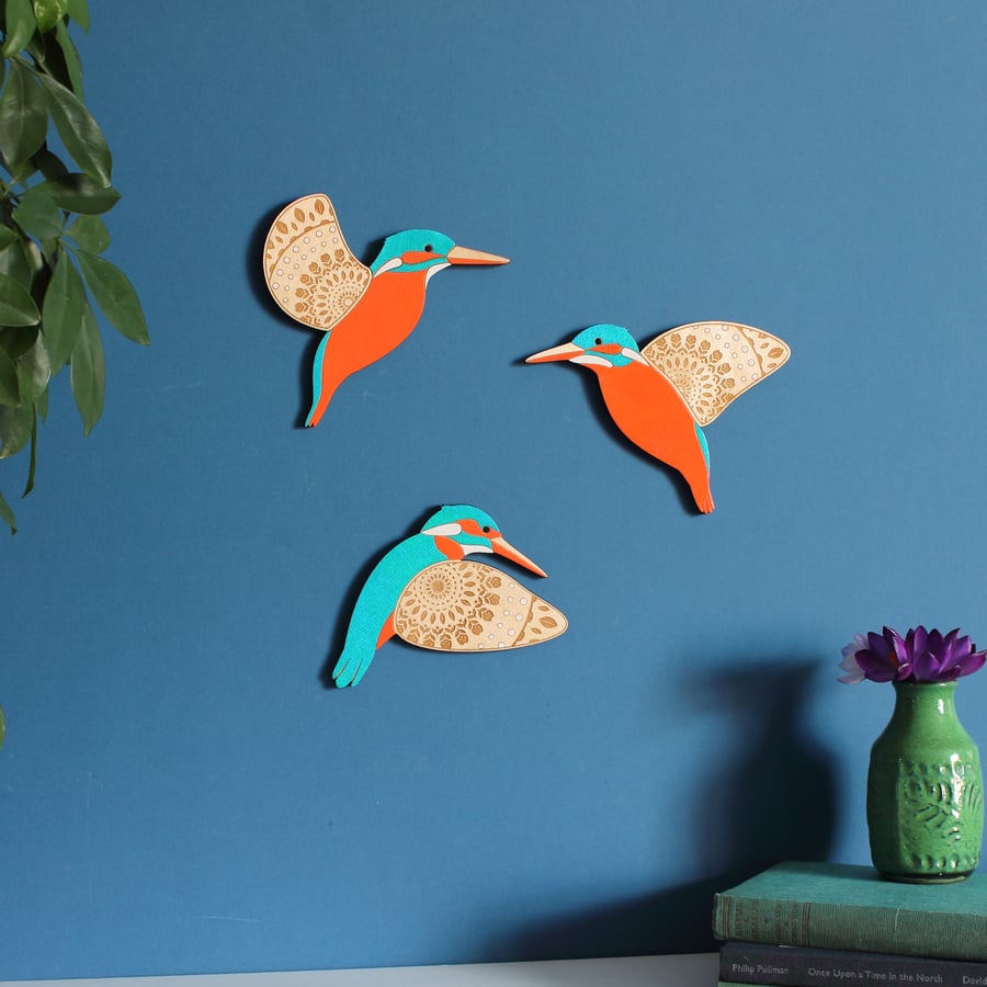 Folk Art Inspired Flying Wooden Kingfishers - Wall decor Hangings