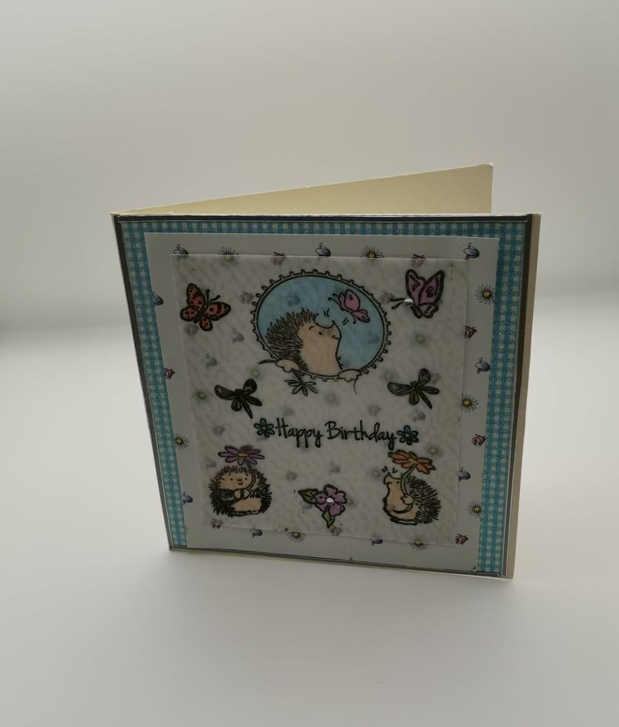 Handmade Hedgehog and Butterfly Birthday Card