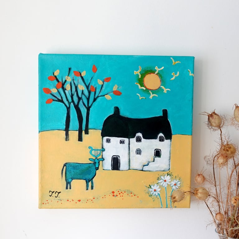 Surreal Landscape, Yellow and Turquoise Artwork, Countryside Painting