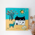 Surreal Landscape, Yellow and Turquoise Artwork, Countryside Painting