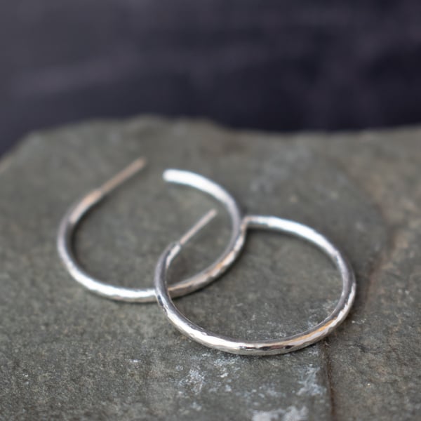 Silver Hoop Earrings with Hammered Texture