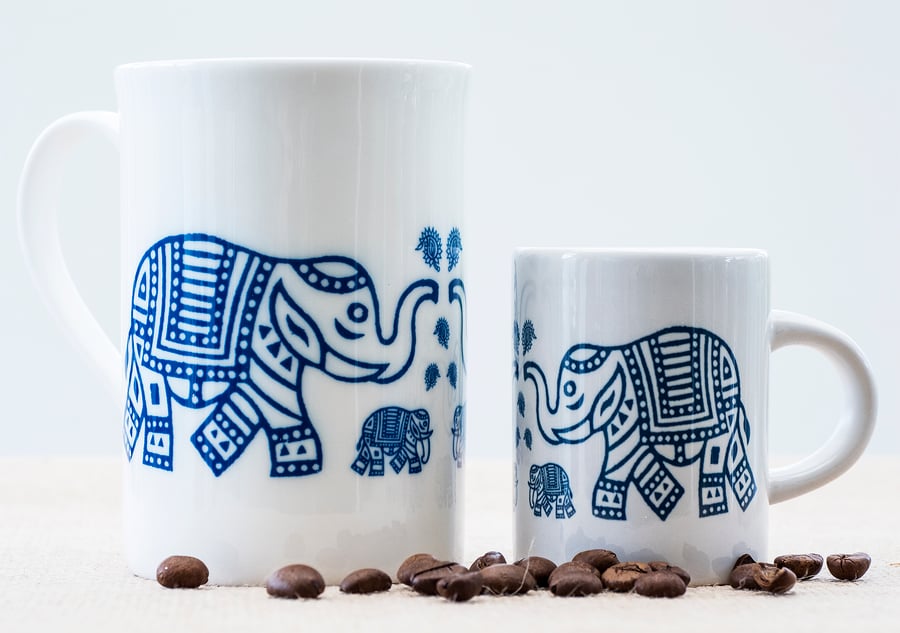 Bone China Coffee Mug and Ceramic Espresso with Indian inspired Elephant design.