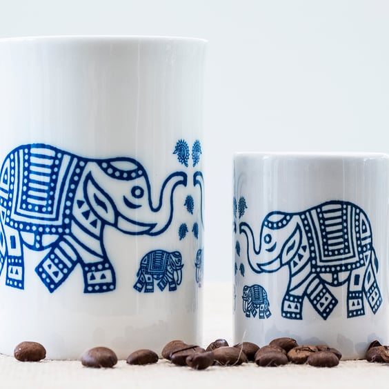 Bone China Coffee Mug and Ceramic Espresso with Indian inspired Elephant design.