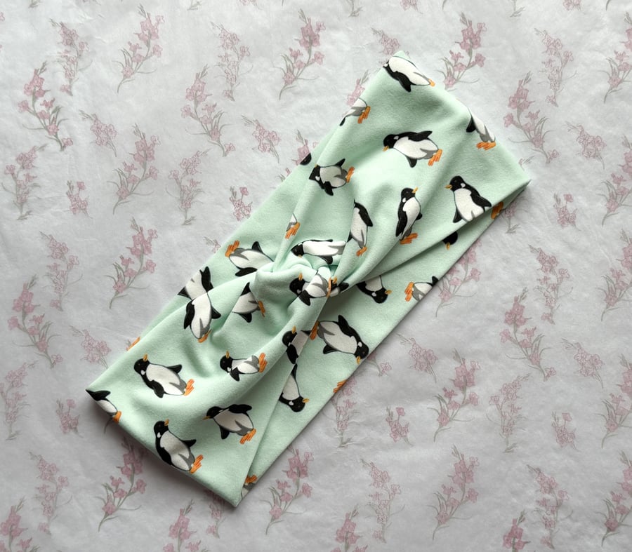 Women's Twist Knot Headband-Hairband Knot-Jersey Twist Headband-Penguins-HA006